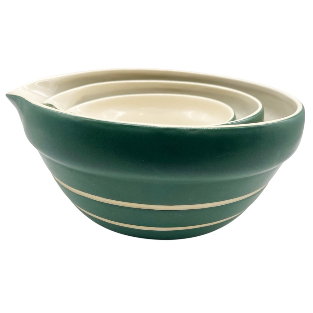 New Debco Set of 3 Nesting Bowls with Pour Spout Green w/ Cream Stripe